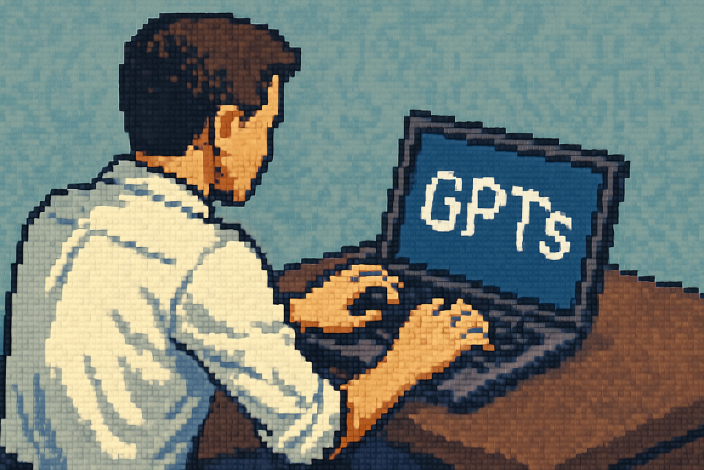 GPTs 를 만들고 있는 마케터를 픽셀 아트로 찍은 썸네일